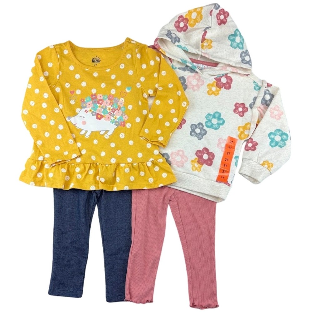 Kids Headquarters 2T Girls 3 Piece Outfit Hedgehog Top Leggings Hoodie